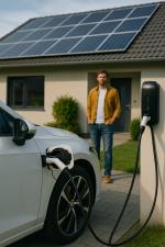 Mann steht vor E-Auto, das grade geladen wird, © KI generiert