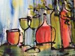 Aquarellbild mit Weinkaraffe, -Gläsern und Flaschen © Winfried Cramer