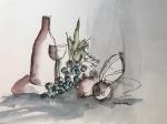 Aquarellbild mit Weinflache, -Glas und Weinrebe © Winfried Cramer