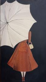Holzbild mit Frau im Kleid und Schirm © Somayeh Jamali