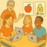 Lehrkraft mit Lernenden am Laptop Apple © KI generiert