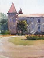 Aquarell Gebäude mit Turm in schöner Landschaft © Egmont Pflanzer