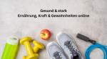 Hantel neben Sportschuhen, Springseil, Wasserflasche und Apfel © canva.com
